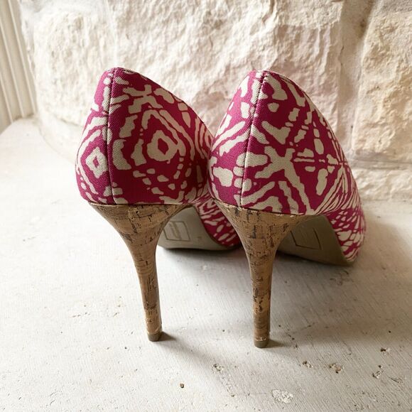 CHRISTIAN SIRIANO Heels Size 9 Pink‎ & Cream Abstract Canvas Peep Toe Pump Shoes - Picture 6 of 8
